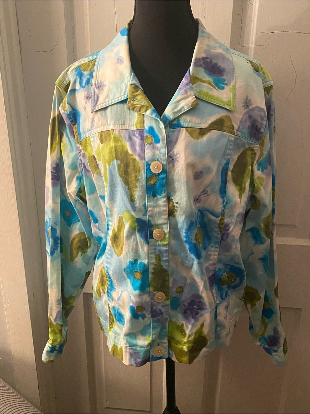 Coldwater Creek Floral Watercolor Jean-Style Jacket - Blue, Green, Purple